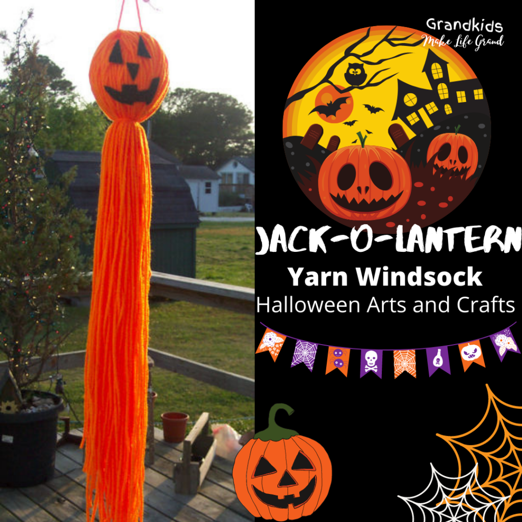 Jack-o-lantern windsock made out of yarn
