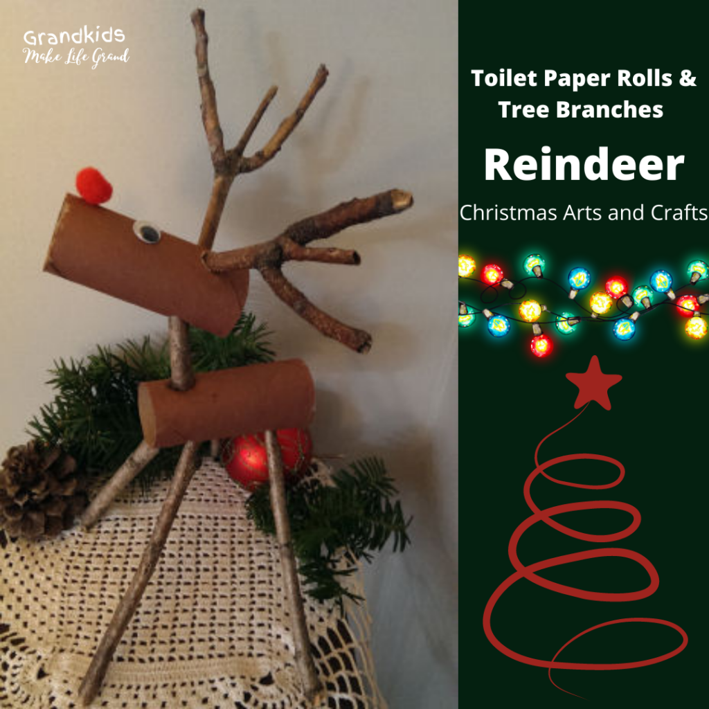 Made from tree branches and toilet paper rolls a reindeer 