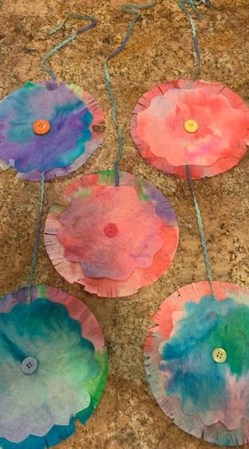 coffee filters dyed and made into a flower mobile